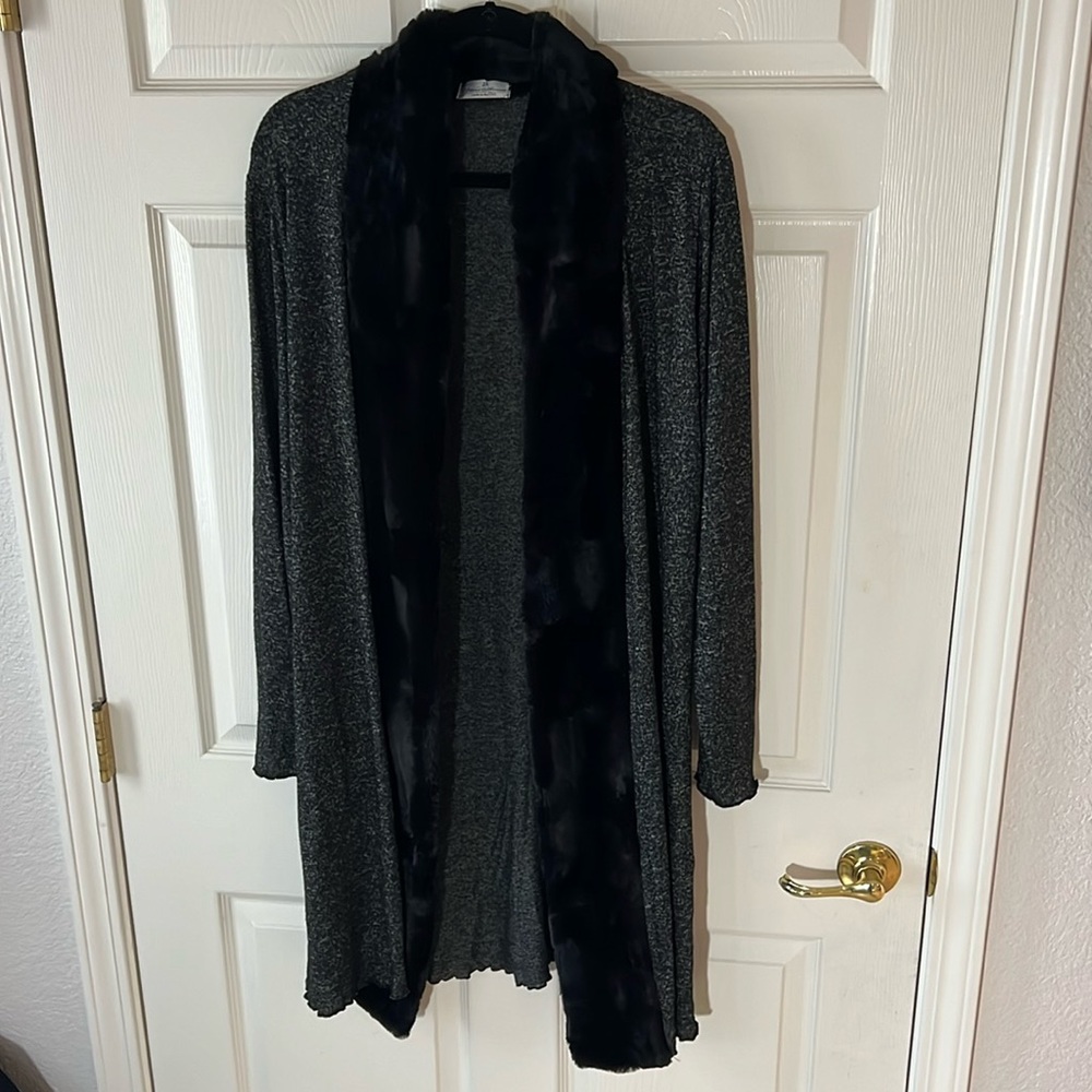 Vine Street Charcoal Heather Gray Open Long Cardigan Faux Fur Trim, Sz 2X